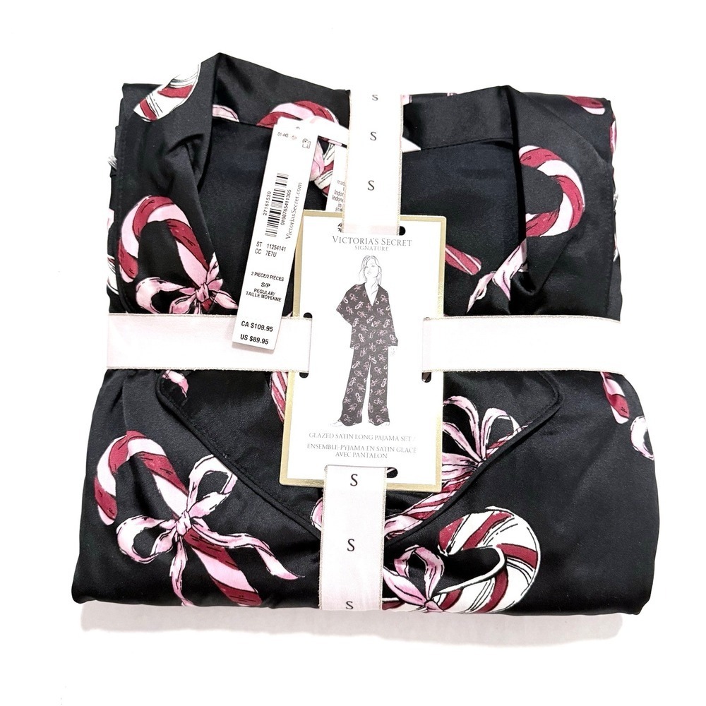 VICTORIA'S SECRET Pajama Women S PJ Set Glazed Satin Black Bow Candy Cane